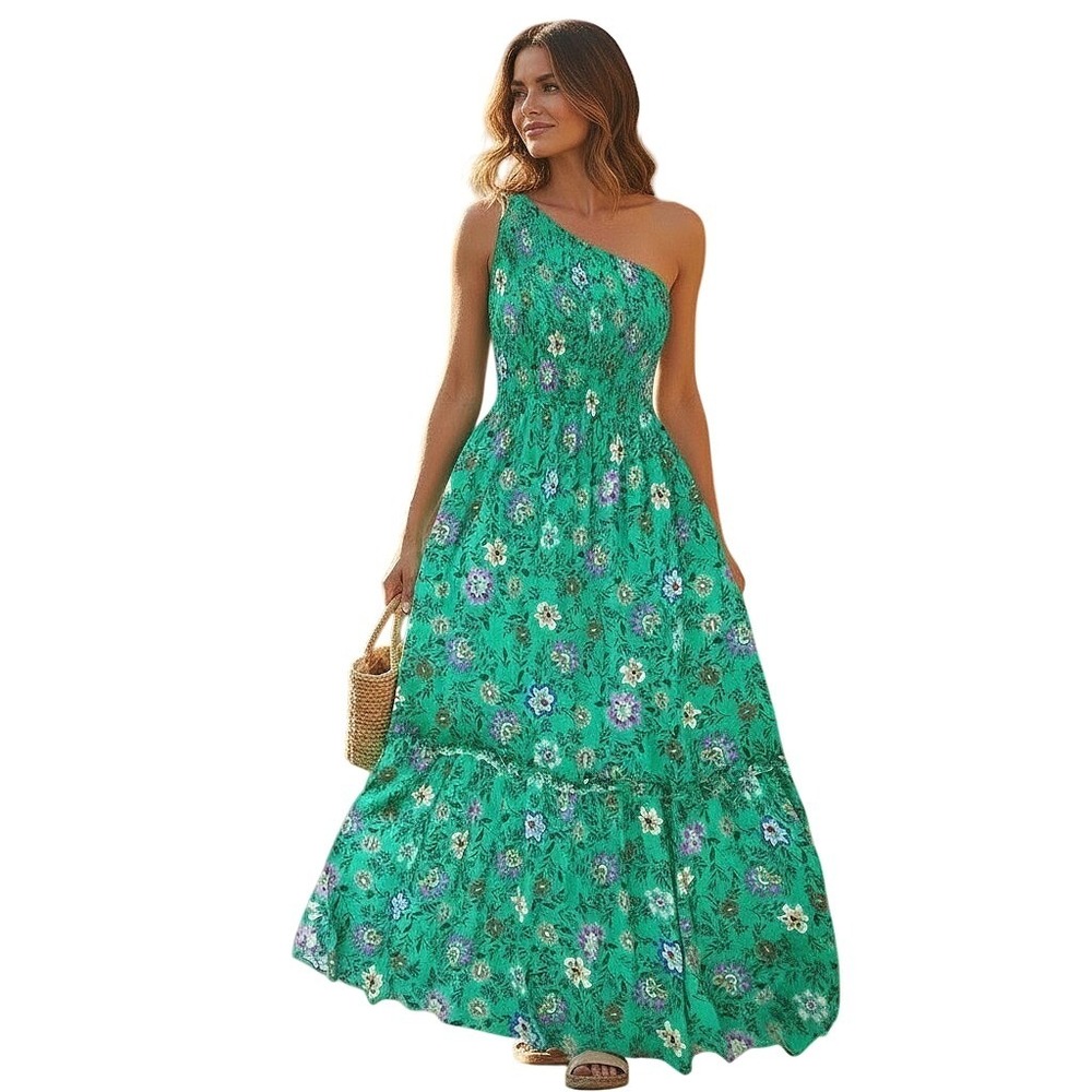 Knox Rose Green Floral One Shoulder Smocked Tiered‎ Maxi Dress Womens XS Rayon